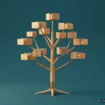 Árbol de madera clara con remates de latón que nace de una única raíz y se abre en ramas rematadas por cajones de archivador entreabiertos, sobre un fondo verde azulado. Imagen generada con IA.