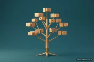 Árbol de madera clara con remates de latón que nace de una única raíz y se abre en ramas rematadas por cajones de archivador entreabiertos, sobre un fondo verde azulado. Imagen generada con IA.