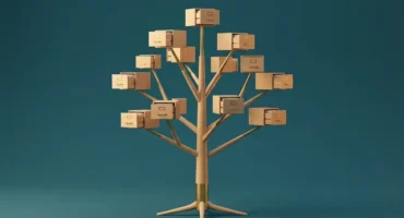 Árbol de madera clara con remates de latón que nace de una única raíz y se abre en ramas rematadas por cajones de archivador entreabiertos, sobre un fondo verde azulado. Imagen generada con IA.
