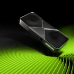 Tarjeta gráfica GeForce RTX 5090 Founders Edition sobre un fondo negro con ondas verdes