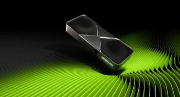 Tarjeta gráfica GeForce RTX 5090 Founders Edition sobre un fondo negro con ondas verdes