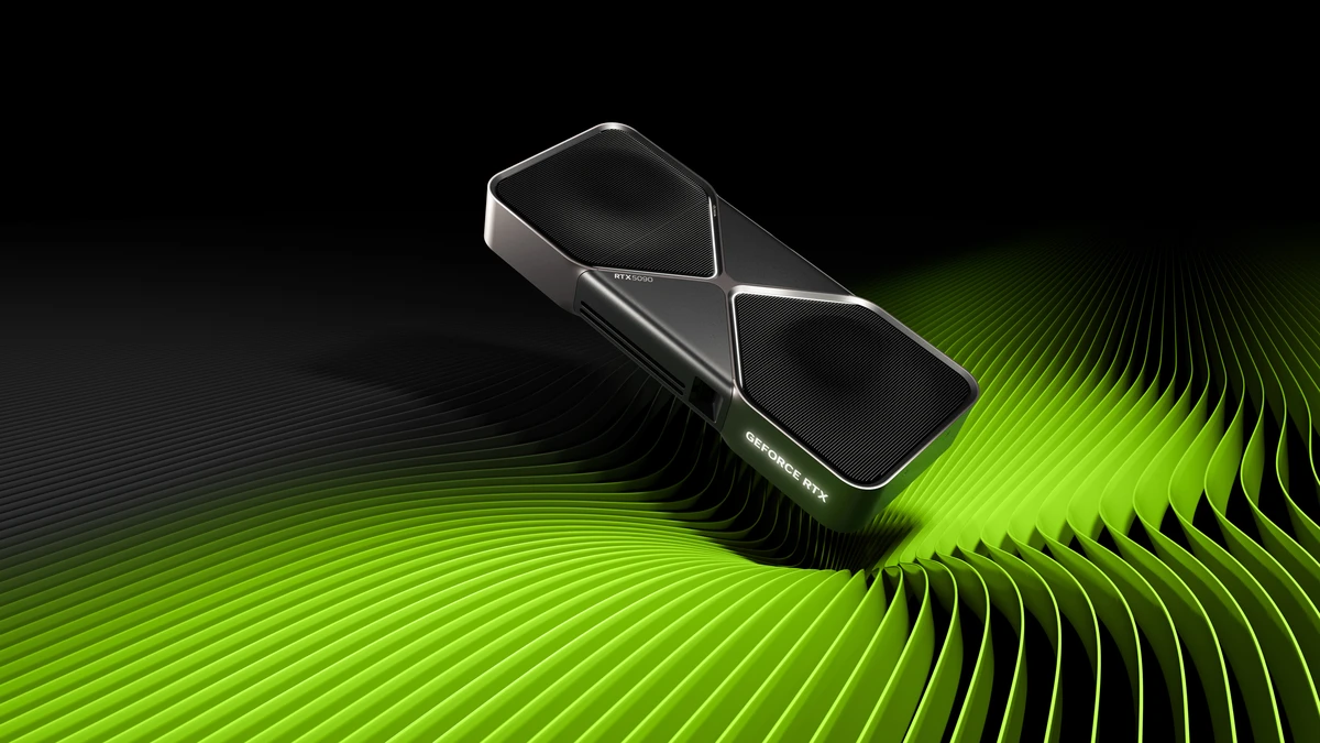 6899-nvidia-rechaza-garantia-rtx-5090-numero-serie-borrado-oficial Tarjeta gráfica GeForce RTX 5090 Founders Edition sobre un fondo negro con ondas verdes