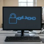 Monitor de oficina con un candado azul y una cadena con un eslabón roto en la pantalla. Imagen generada con IA.