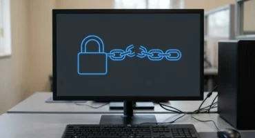 Monitor de oficina con un candado azul y una cadena con un eslabón roto en la pantalla. Imagen generada con IA.