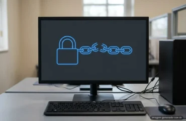 Monitor de oficina con un candado azul y una cadena con un eslabón roto en la pantalla. Imagen generada con IA.