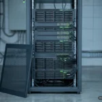 Armario rack de servidores con el panel lateral desmontado y apoyado delante, en una sala técnica. Imagen generada con IA.