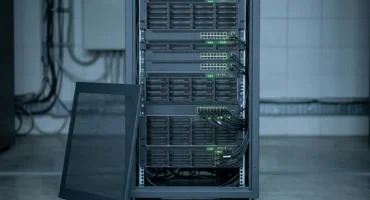 Armario rack de servidores con el panel lateral desmontado y apoyado delante, en una sala técnica. Imagen generada con IA.