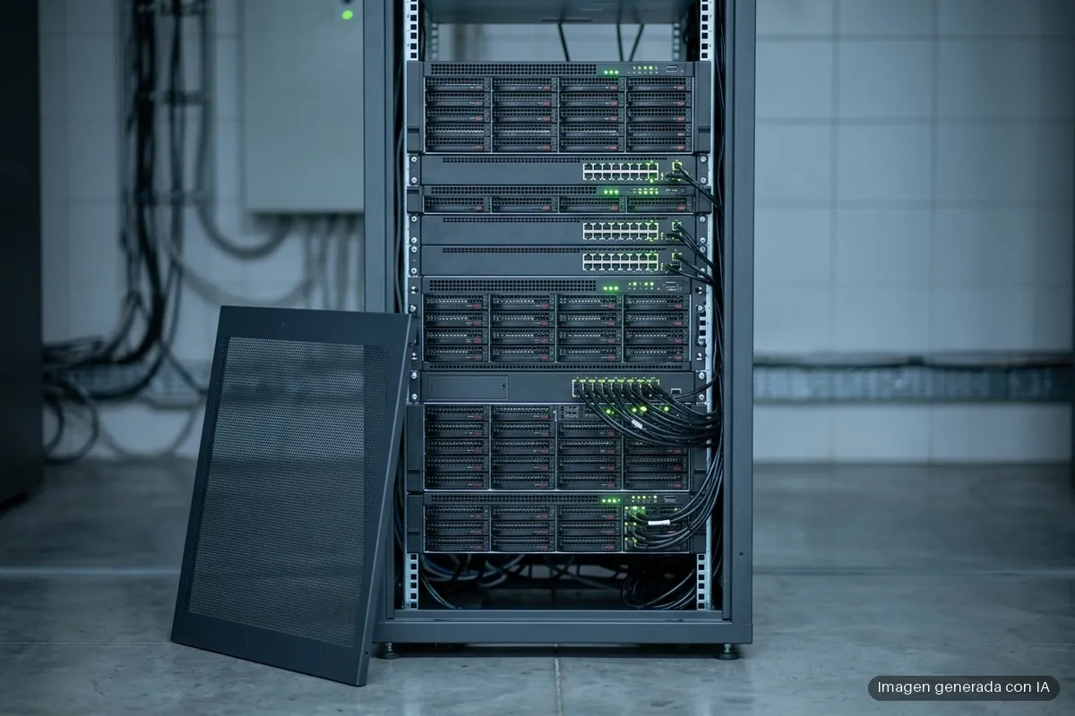 6922-screenconnect-cve-2026-84869-plazo-cisa-vencido Armario rack de servidores con el panel lateral desmontado y apoyado delante, en una sala técnica. Imagen generada con IA.