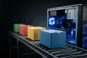 Cuatro cajas de cartón de colores avanzan por una cinta transportadora hacia el interior de una torre de ordenador abierta. Imagen generada con IA.
