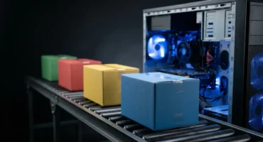 Cuatro cajas de cartón de colores avanzan por una cinta transportadora hacia el interior de una torre de ordenador abierta. Imagen generada con IA.