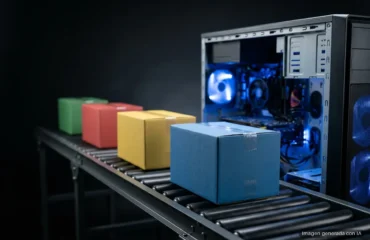 Cuatro cajas de cartón de colores avanzan por una cinta transportadora hacia el interior de una torre de ordenador abierta. Imagen generada con IA.