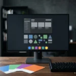 Monitor de sobremesa con una interfaz de escritorio abstracta en pantalla y cuatro tarjetas de muestra de color en abanico. Imagen generada con IA.