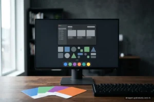 Monitor de sobremesa con una interfaz de escritorio abstracta en pantalla y cuatro tarjetas de muestra de color en abanico. Imagen generada con IA.
