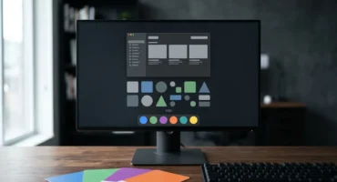 Monitor de sobremesa con una interfaz de escritorio abstracta en pantalla y cuatro tarjetas de muestra de color en abanico. Imagen generada con IA.