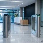 Torno de control de acceso de una oficina con las hojas de cristal abiertas y el lector en verde, sin nadie. Imagen generada con IA.