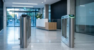 Torno de control de acceso de una oficina con las hojas de cristal abiertas y el lector en verde, sin nadie. Imagen generada con IA.
