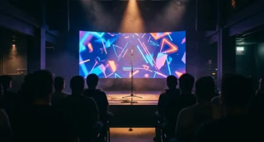 Pantalla curva encendida con formas de colores en un escenario en penumbra, con un micrófono vacío delante y público de espaldas. Imagen generada con IA.