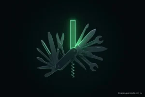 Navaja multiusos oscura abierta en abanico con unas quince herramientas, con la hoja central de cristal iluminada en verde como una consola antigua, sobre fondo negro. Imagen generada con IA.