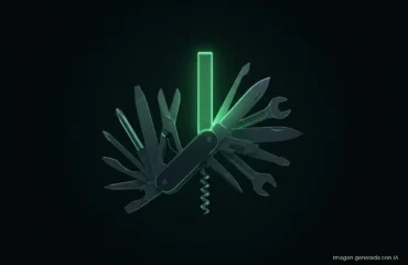 6960-comandos-basicos-terminal-linux-navaja Navaja multiusos oscura abierta en abanico con unas quince herramientas, con la hoja central de cristal iluminada en verde como una consola antigua, sobre fondo negro. Imagen generada con IA.