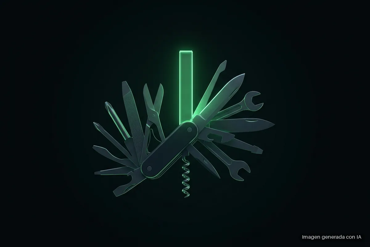 Navaja multiusos oscura abierta en abanico con unas quince herramientas, con la hoja central de cristal iluminada en verde como una consola antigua, sobre fondo negro. Imagen generada con IA.