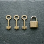 Tres llaves doradas iguales alineadas junto a un candado cerrado sobre una superficie de pizarra oscura. Imagen generada con IA.