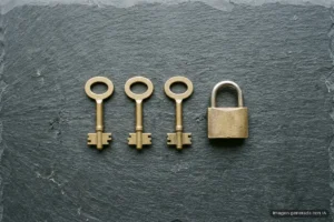 Tres llaves doradas iguales alineadas junto a un candado cerrado sobre una superficie de pizarra oscura. Imagen generada con IA.