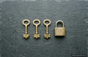 6962-permisos-archivos-linux-numeros-chmod Tres llaves doradas iguales alineadas junto a un candado cerrado sobre una superficie de pizarra oscura. Imagen generada con IA.