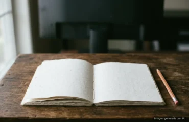 6966-openai-marco-desalineamiento-seis-casos Cuaderno abierto en blanco sobre una mesa de madera, con un lápiz al lado y una pantalla apagada al fondo. Imagen generada con IA.