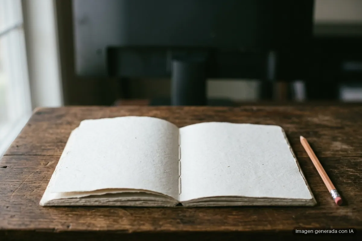 6966-openai-marco-desalineamiento-seis-casos Cuaderno abierto en blanco sobre una mesa de madera, con un lápiz al lado y una pantalla apagada al fondo. Imagen generada con IA.