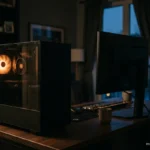 Torre de ordenador de sobremesa con un ventilador iluminado junto a un monitor de perfil en una habitación en penumbra. Imagen generada con IA.