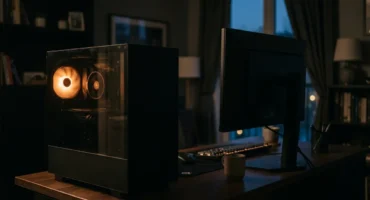 Torre de ordenador de sobremesa con un ventilador iluminado junto a un monitor de perfil en una habitación en penumbra. Imagen generada con IA.