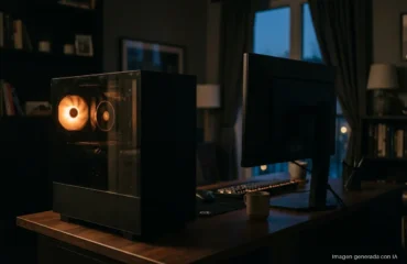 6974-windows-11-24h2-fin-actualizaciones-13-octubre Torre de ordenador de sobremesa con un ventilador iluminado junto a un monitor de perfil en una habitación en penumbra. Imagen generada con IA.