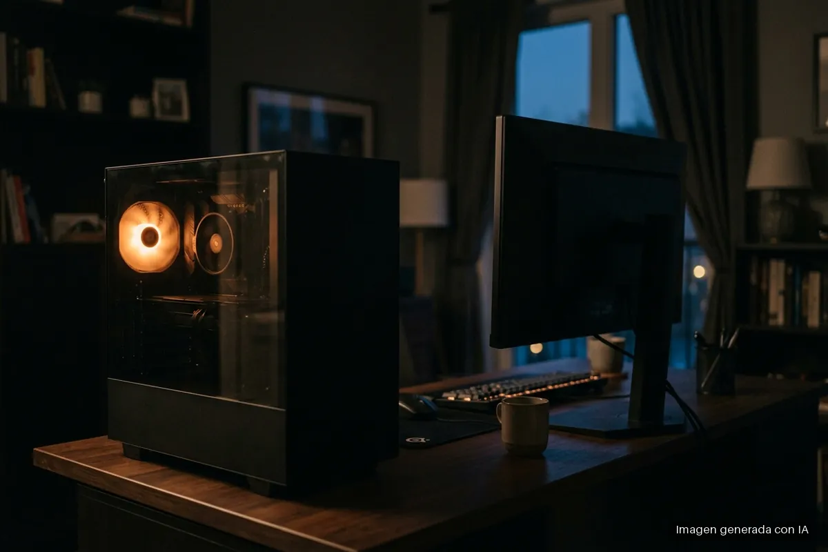 6974-windows-11-24h2-fin-actualizaciones-13-octubre Torre de ordenador de sobremesa con un ventilador iluminado junto a un monitor de perfil en una habitación en penumbra. Imagen generada con IA.
