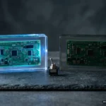 Dos bloques de resina transparente sellada, cada uno con una placa de circuito idéntica dentro, sobre una losa de pizarra. Imagen generada con IA.