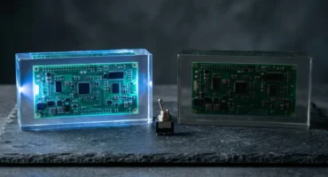 Dos bloques de resina transparente sellada, cada uno con una placa de circuito idéntica dentro, sobre una losa de pizarra. Imagen generada con IA.