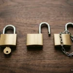 Tres candados de latón en fila sobre una mesa de madera oscura: el de la izquierda cerrado con su llave delante. Imagen generada con IA.