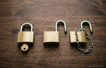 7016-licencias-software-libre-gpl-mit-apache Tres candados de latón en fila sobre una mesa de madera oscura: el de la izquierda cerrado con su llave delante. Imagen generada con IA.
