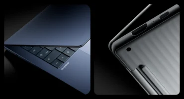 Dos portátiles Googlebook sobre fondo negro: uno azul oscuro entreabierto que deja ver el teclado con la tecla G, y otro gris plegado visto por su tapa estriada