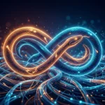 Ilustración de dos serpientes luminosas entrelazadas sobre una maraña de fibra óptica azul y naranja. Imagen generada con IA.