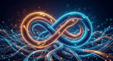 Ilustración de dos serpientes luminosas entrelazadas sobre una maraña de fibra óptica azul y naranja. Imagen generada con IA.