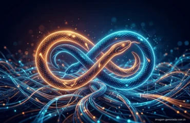 Ilustración de dos serpientes luminosas entrelazadas sobre una maraña de fibra óptica azul y naranja. Imagen generada con IA.