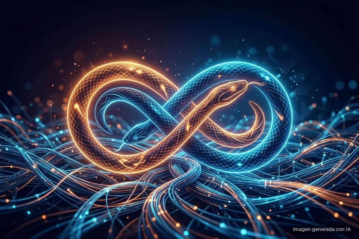 7031-cloudflare-python-workers-disponibilidad-general Ilustración de dos serpientes luminosas entrelazadas sobre una maraña de fibra óptica azul y naranja. Imagen generada con IA.