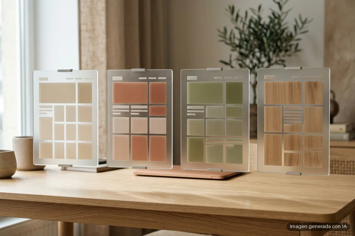 7046-firefox-derivados-comparados-librewolf-waterfox-zen Cuatro paneles de cristal con retículas en tonos tierra sobre un escritorio de madera. Imagen generada con IA.