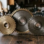 Tres engranajes de latón y acero con retículas grabadas sobre una mesa de taller. Imagen generada con IA.