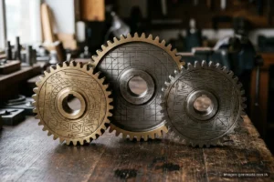 Tres engranajes de latón y acero con retículas grabadas sobre una mesa de taller. Imagen generada con IA.