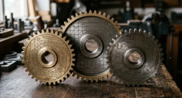 Tres engranajes de latón y acero con retículas grabadas sobre una mesa de taller. Imagen generada con IA.