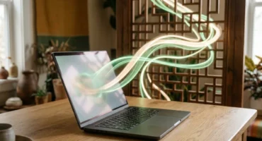 Portátil abierto sobre una mesa de madera con cintas de luz verde y crema que salen de la pantalla. Imagen generada con IA.