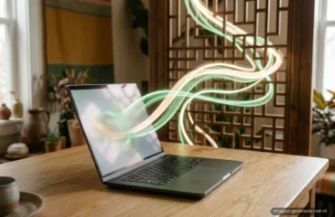 7055-alibaba-cloud-mecenas-fundador-omarchy-china Portátil abierto sobre una mesa de madera con cintas de luz verde y crema que salen de la pantalla. Imagen generada con IA.