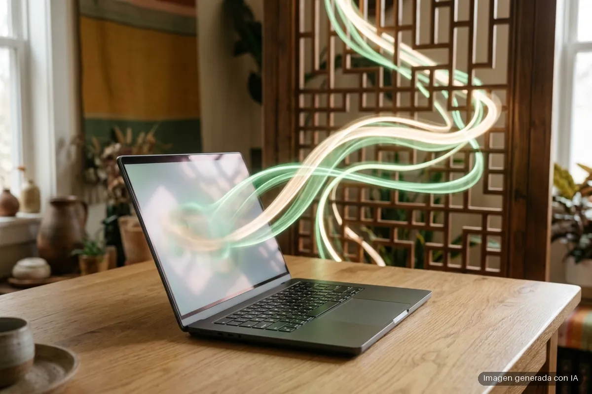 7055-alibaba-cloud-mecenas-fundador-omarchy-china Portátil abierto sobre una mesa de madera con cintas de luz verde y crema que salen de la pantalla. Imagen generada con IA.