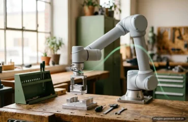 7059-nvidia-isaac-ros-5-agentes-ia-robotica Brazo robótico gris claro sobre un banco de taller de madera, con un trazo de luz verde marcando su recorrido. Imagen generada con IA.